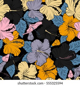 Pattern for summer fashion, interior, wallpaper. Seamless vector tropical design with hibiscus on a black background in yellow and gray colors. Exotic flowers in allover composition.