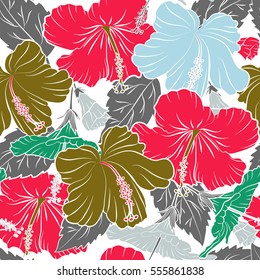 Pattern for summer fashion, interior, wallpaper. Seamless vector tropical design with hibiscus on a white background in red and gray colors. Exotic flowers in allover composition.