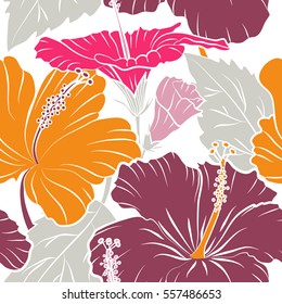 Pattern for summer fashion, interior, wallpaper. Seamless vector tropical design with hibiscus on a white background in purple, pink and orange colors. Exotic flowers in allover composition.
