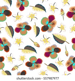 Pattern for summer fashion, interior, wallpaper. Seamless vector tropical design with hibiscus on a white background in yellow, green and beige colors. Exotic flowers in allover composition.