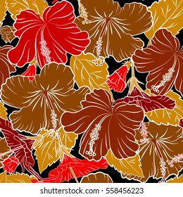 Pattern for summer fashion, interior, wallpaper. Seamless vector tropical design with hibiscus on a black background in red, brown and yellow colors. Exotic flowers in allover composition.