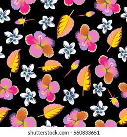 Pattern for summer fashion, interior, wallpaper. Vector tropical design with hibiscus on a black background in green and blue colors. Exotic flowers in allover composition.