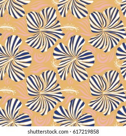 Pattern for summer fashion, interior, wallpaper. Seamless vector tropical design with hibiscus in pink, blue, beige and white colors. Exotic flowers in allover composition. Vector illustration.