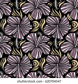 Pattern for summer fashion, interior, wallpaper. Seamless vector tropical design with hibiscus on a black background in violet and beige colors. Exotic flowers in allover composition.