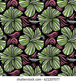 Pattern for summer fashion, interior, wallpaper. Seamless vector tropical design with hibiscus on a black background in green and pink colors. Exotic flowers in allover composition.