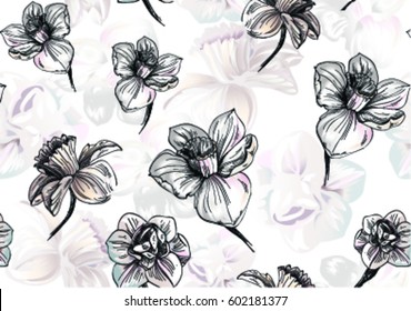 Pattern with summer flowers with graphic, daffodilly, narcissus,lily, on black background with silhouette of flowers on backdrop with watercolor effect