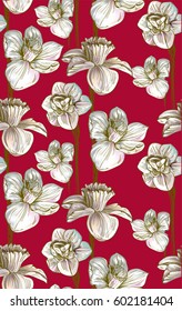 Pattern with summer flowers with graphic, daffodilly, narcissus,lily, vertical with watercolor effect on red,bordo background