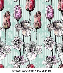 Pattern with summer flowers with graphic, daffodilly, narcissus,lily,tulips with baroque elements swirls on backdrop on  turquoise background with stripes