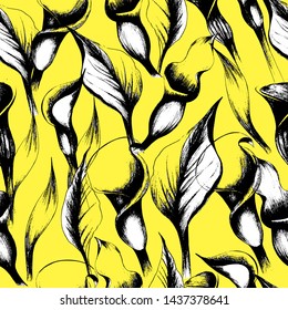 Pattern with summer flowers Kala, garden beautiful plants, hand draws ink. Large kalas of different shapes. Floral background in vintage style. Design for wallpaper, textiles