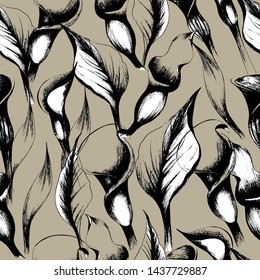 Pattern with summer flowers Kala, garden beautiful plants, hand draws ink. Large kalas of different shapes. Floral background in vintage style. Design for wallpaper, textiles