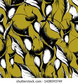 Pattern with summer flowers Kala, garden beautiful plants, hand draws ink. Large kalas of different shapes. Floral background in vintage style. Design for wallpaper, textiles