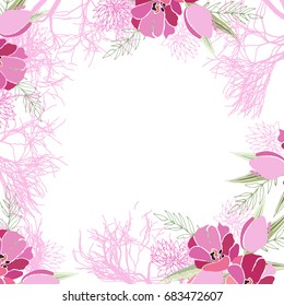 Pattern with summer flowers and leaves on white background. Herbal pattern in light colors for the design of clothes.