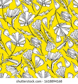 Pattern with summer flowers, primroses, daisies. Hand drawn ink garden plants with ink. botanical vintage illustration. Spring flower with leaves, buds on a yellow isolate. For packaging, wallpaper