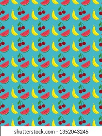 Pattern of summer fruits, banana, cherry, watermelon. You can use these illustrations to create a print on fabric, wrapping paper, cards, and flyers.