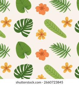Muster von grünen tropischen Blättern und Blumen im Sommer. Pflanzen, Blätter und Blumen aus dem botanischen Dschungel. Flache handgezeichnete Illustration. Sommerillustrationen zum exotischen Thema