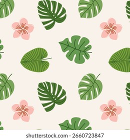 Pattern of summer green tropical leaves and flowers. Botanical jungle plants, leaves and flowers. Flat hand drawn illustration. Summer illustrations on exotic theme