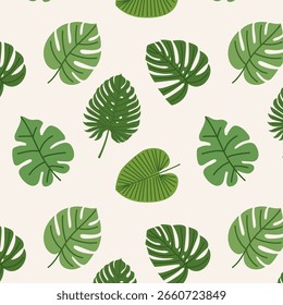 Pattern of summer green tropical leaves and flowers. Botanical jungle plants, leaves and flowers. Flat hand drawn illustration. Summer illustrations on exotic theme
