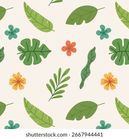 Padrão de verão verde folhas tropicais e flores. Plantas, folhas e flores da selva botânica. Ilustração desenhada à mão plana. Ilustrações de verão sobre tema exótico