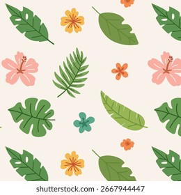 Pattern of summer green tropical leaves and flowers. Botanical jungle plants, leaves and flowers. Flat hand drawn illustration. Summer illustrations on exotic theme