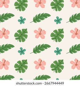 Pattern of summer green tropical leaves and flowers. Botanical jungle plants, leaves and flowers. Flat hand drawn illustration. Summer illustrations on exotic theme
