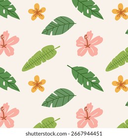 Pattern of summer green tropical leaves and flowers. Botanical jungle plants, leaves and flowers. Flat hand drawn illustration. Summer illustrations on exotic theme