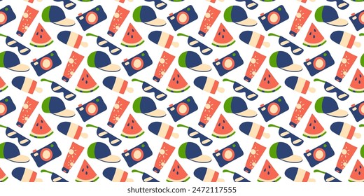 Pattern of summer items - cap, sunscreen and sunglasses. Camera, ice cream and piece of watermelon. Photo equipment. Travel, vacation. Seamless print. Pleasure. Red, blue, green. Vector illustration