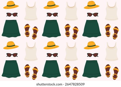 Pattern with summer items including tank top, skirt, sandals, hat and sunglasses