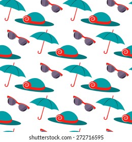 Pattern with summer objects. Sunglasses, hat, umbrella.