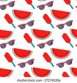 Pattern with summer objects. Sunglasses, watermelon, icecream.
