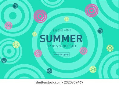 Pattern Summer Offer 50% in the Pink, Yellow, Turquoise Colors. Background  3d circle for Banner, Poster, Card, Cover. Vector Illustration