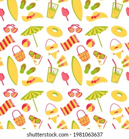 Pattern. Summer set for beach. Vector illustration of holiday vacation