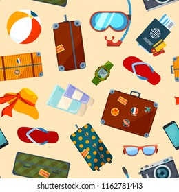 Pattern with summer symbols. Seamless pattern with suitcase and summer icons. Travel and tourism, vacation background, vector illustration