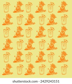 pattern with summer theme, illustration of surfing pineapple character and pineapple juice, summer vacation, isolated vector design. perfect for background designs, prints on fabric or paper