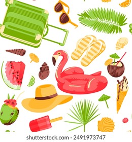 Pattern of summer vacation objects. Tropical beach resort vacation symbols. Design with text. Vector flat illustration
