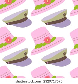 Patrón de sombreros de verano para mujeres decorados con flores y cintas brillantes tropicales y sombrero de capitán. Color rosa pastel, beige y lila. Ilustración vectorial de dibujos animados.