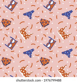 The pattern of summer women's swimsuits is bright. Vector beachwear, swimwear, swimming trunks, shorts for textiles. Background for clothes with doodles. Vector illustration