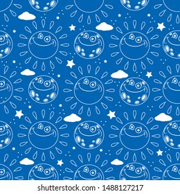 Pattern of the sun, clouds, moon and stars. Dark blue and white. Vector.