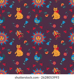 Pattern with sun, flowers and cat in folk style