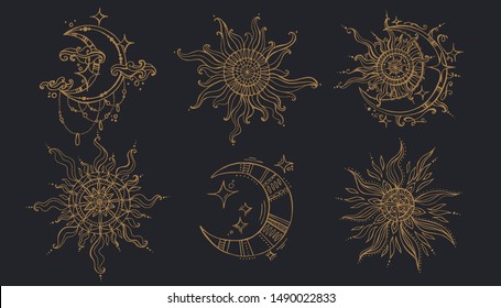 Pattern from sun and moon in bo-ho style. Symbol of contrasts.