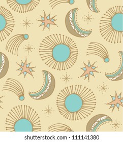 Pattern with sun, moon and stars. Cosmic background. Sky tracery