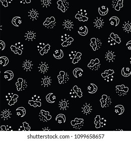 Pattern sun and moon with stars in sky, white clouds with rain drops and snowflakes on black background. Weather pattern with sun, cloud, moon and stars