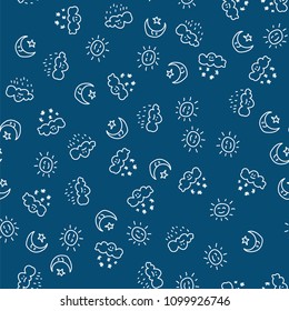 Pattern Sun And Moon With Stars , White Clouds With Rain Drops And Snowflakes On Blue Sky. Cloudy And Clear Weather Seamless Pattern