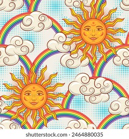 Pattern with sun with smiling face, clouds, rainbow, halftone shapes. Concept of harmony, positivity. Mythological fairytale character. Groovy, hippie, naive style for fabric, textile, kids design