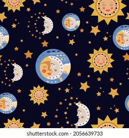 Pattern with sun,crescent and stars. Seamless vector texture on dark blue background. Cartoon style print for kids textile, bed linens, wrapping paper, wall paper, scrapbooking