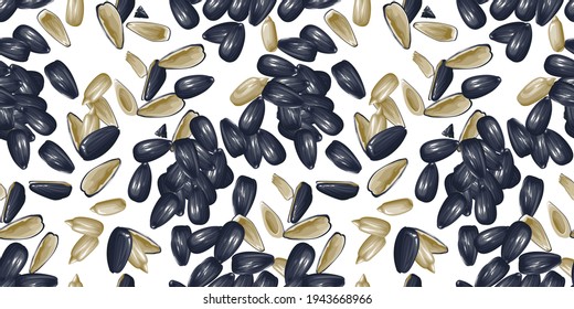 A pattern of sunflower seeds peeled and whole.