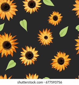  Pattern. Sunflower, yellow flowers with leaves on the dark background. Decor. Seamless  vector illustration.