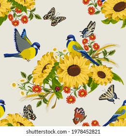 Pattern with sunflowers and birds.Birds and bouquets of flowers with sunflowers on a colored background in a vector pattern.