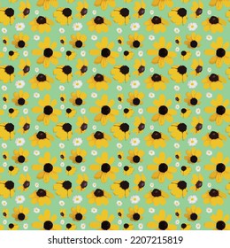 Pattern with sunflowers and daisies on a green background for textile floral abstraction