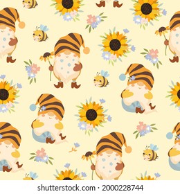 Pattern with sunflowers and honey bees and gnomes