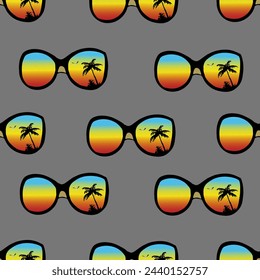 Patrón de gafas de sol con palmeras. Patrón retro. Ilustración sin fisuras de una vibra de verano. Ilustración sin fisuras para la impresión en textiles, un blanco para un diseñador